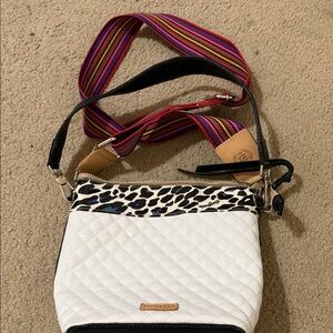 Consuela White Quilted Crossbody Bag with Animal Print and Multicolor Strap